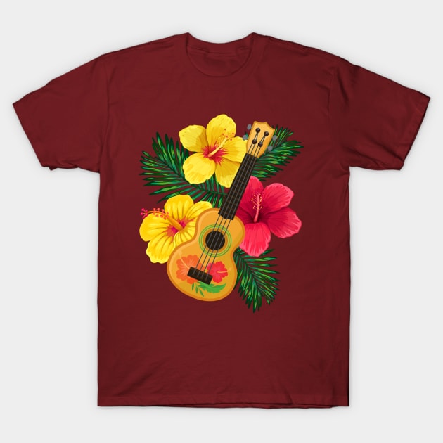 Hawaii Ukulele and Hibiscus Artwork T-Shirt by Souls.Print